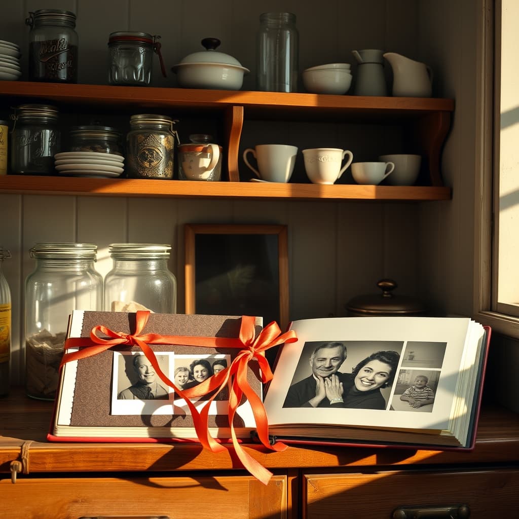 Ribboned photo album resting near old kitchen shelves filled with domestic objects