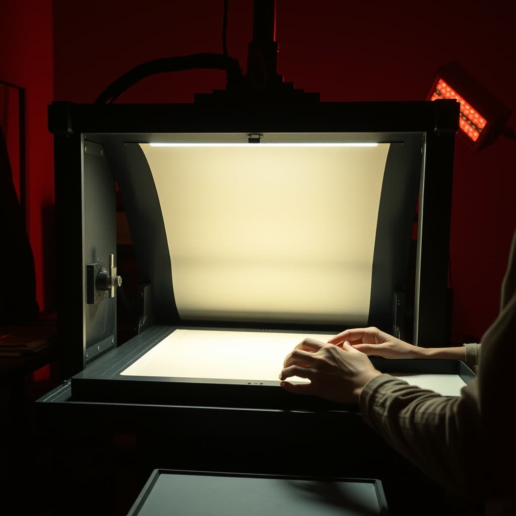 A vintage darkroom enlarger under red safelight with photo trays nearby