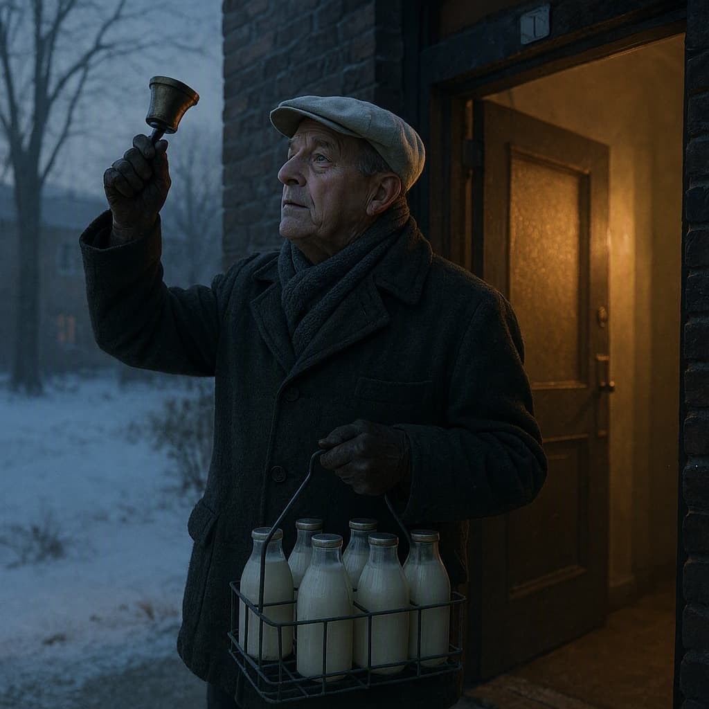 An old milkman carrying glass bottles at an apartment doorway on a winter morning
