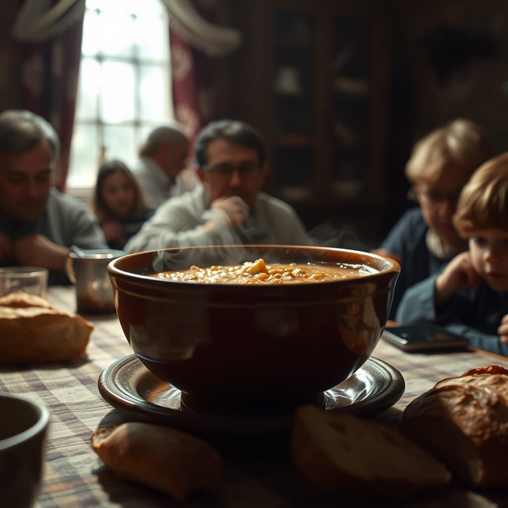 A steaming bowl of lentil soup on a nostalgic crowded family table