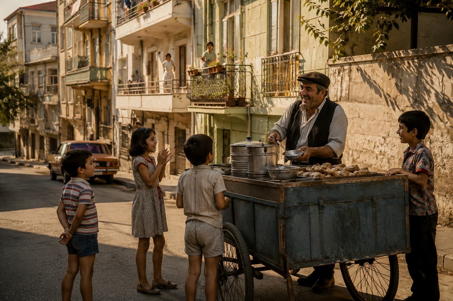 Street vendor with a cart on a quiet neighbourhood holiday afternoon