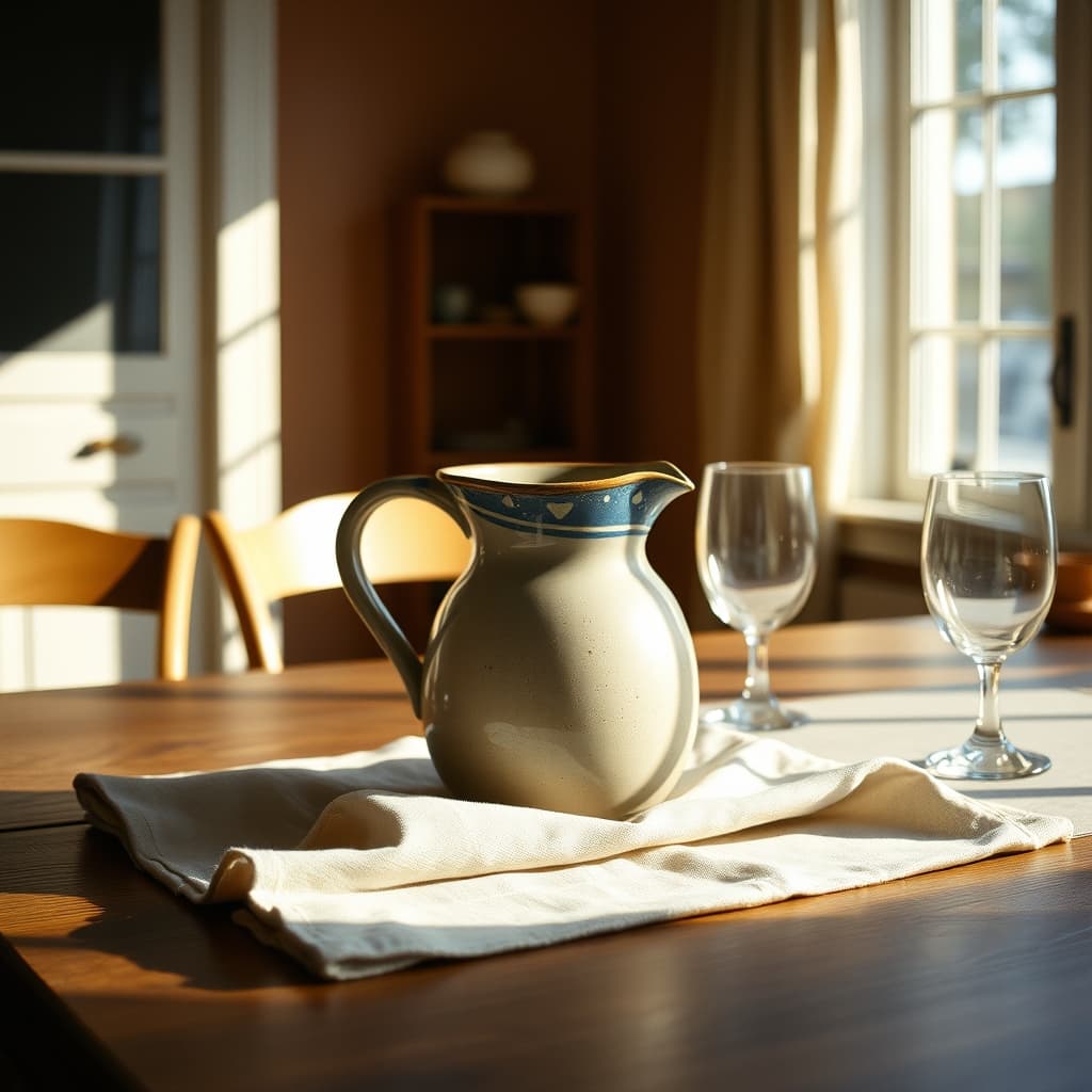A vintage ceramic water pitcher on a sunlit wooden kitchen table.