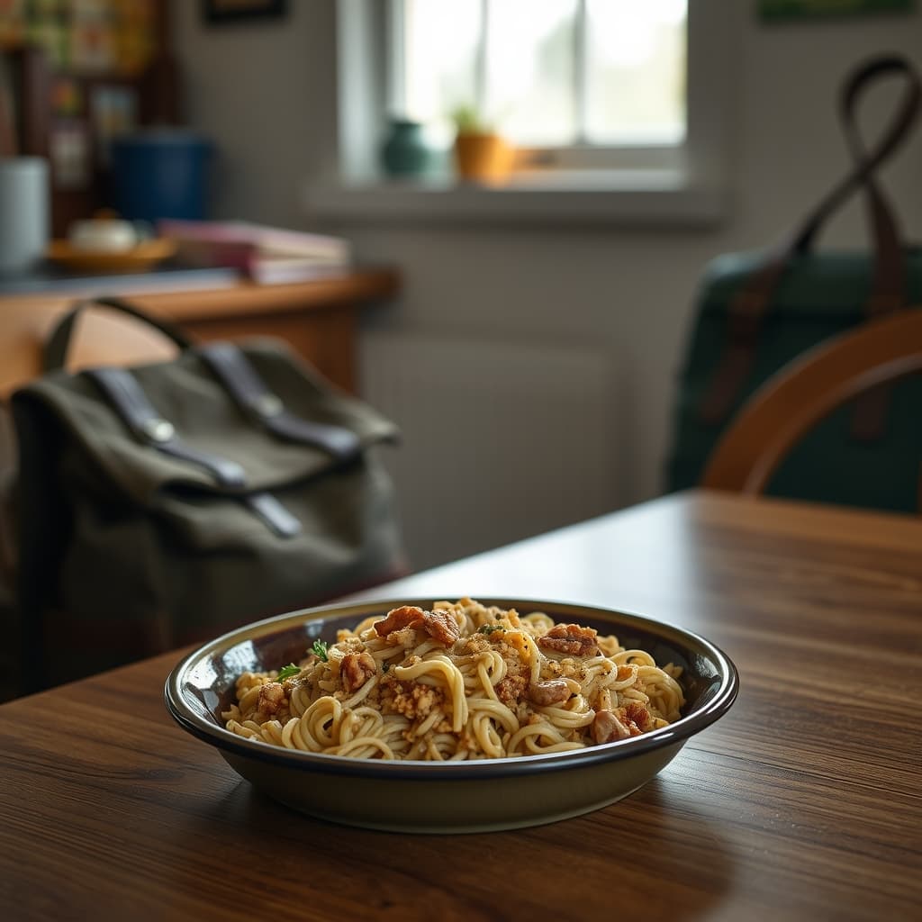 A warm plate of walnut noodle pilaf on a nostalgic family kitchen table