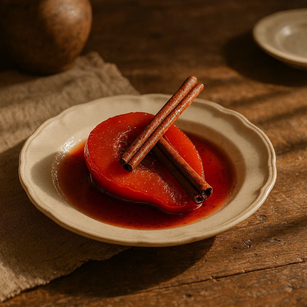 Cinnamon quince dessert on a nostalgic family table in afternoon shadows
