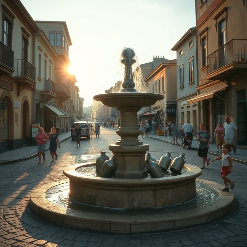 Old city neighborhood fountain with families gathering at evening water hour