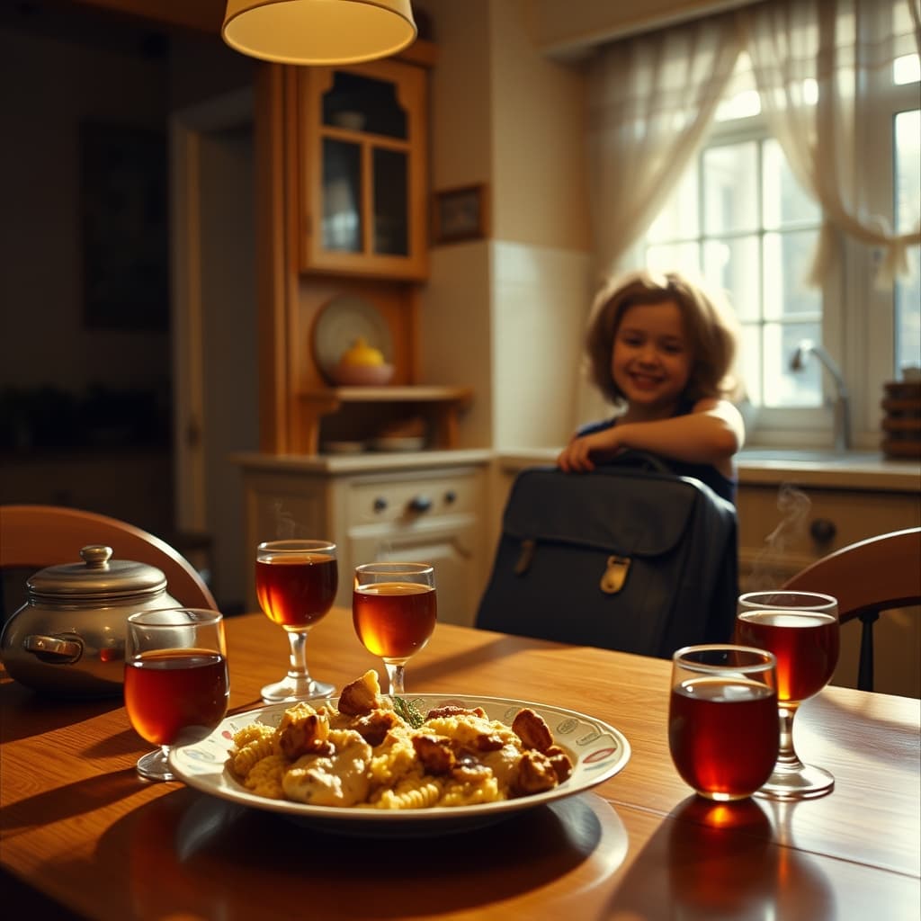 A child arriving home to a family table with a warm meal and strong tea.