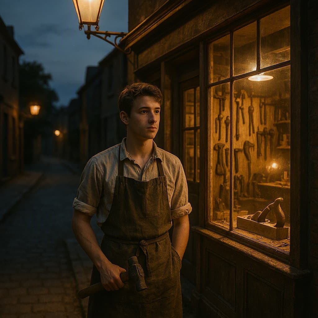 A young apprentice standing outside an old shop under summer evening street lamps