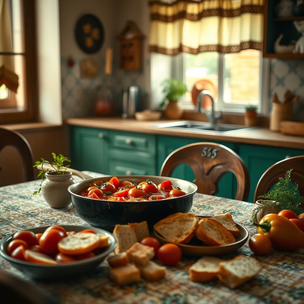 Summer tomato menemen in a pan on a nostalgic family kitchen table