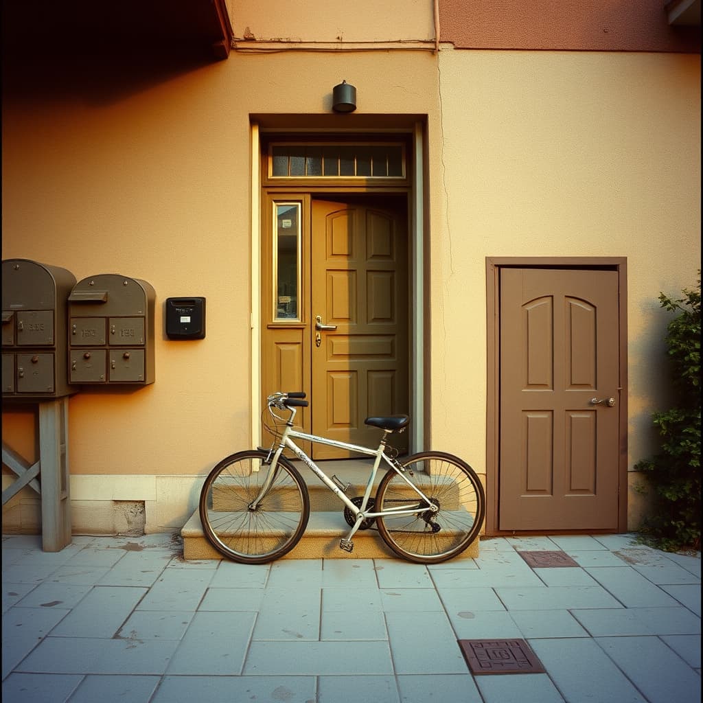 A vintage apartment entrance with a bicycle and a coal storage doorway.