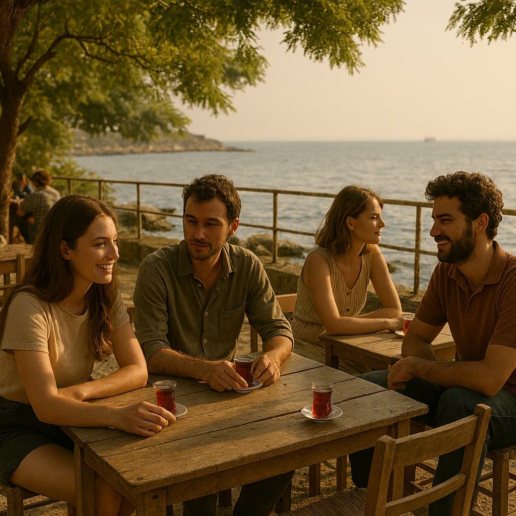 Friends sitting at an old seaside tea garden with small tea glasses