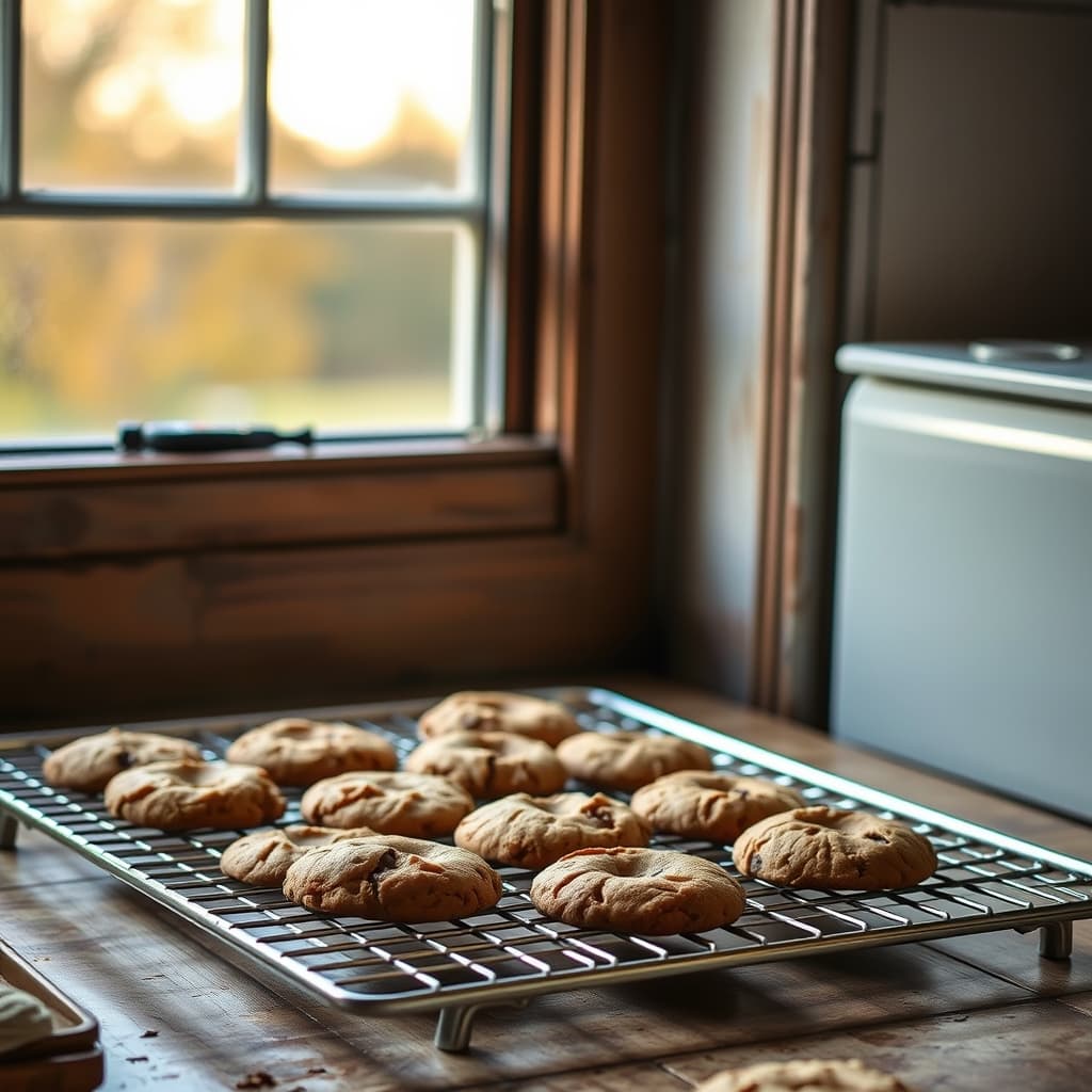 Grandmother's cookies cooling on a tray beside an old kitchen window