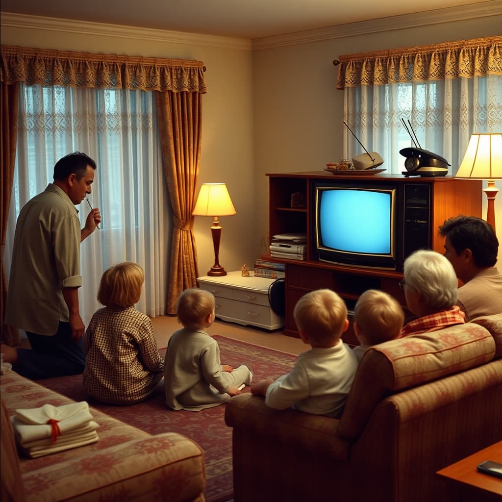Family gathered around an old antenna-tuned television in an analog living room