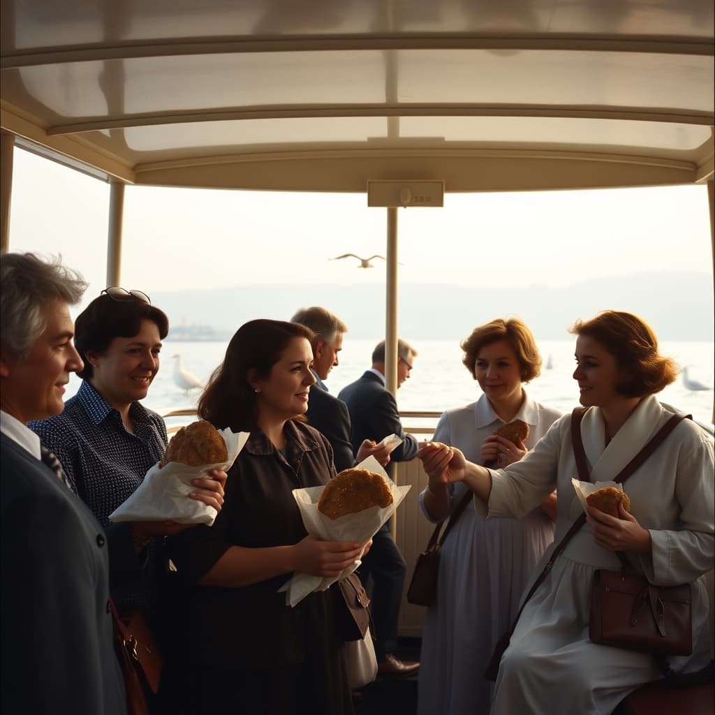 Passengers enjoying simit on a vintage morning ferry crossing.