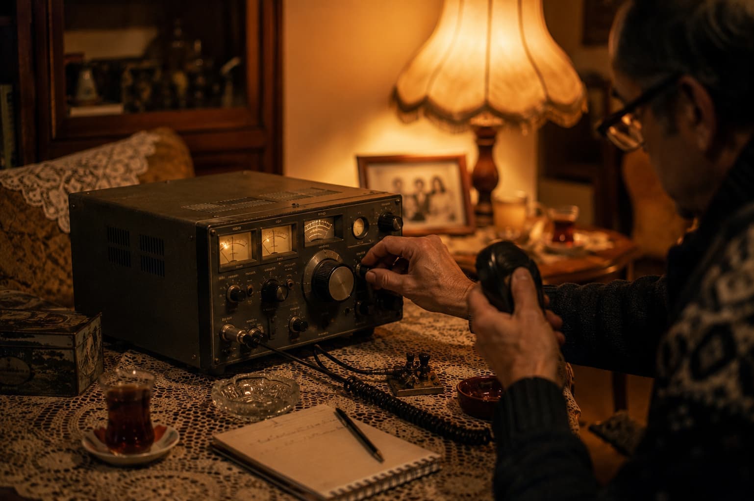 Vintage amateur radio set in a warm family sitting room