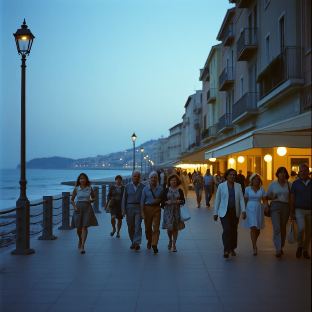 Families taking an evening walk along a vintage coastal town promenade.