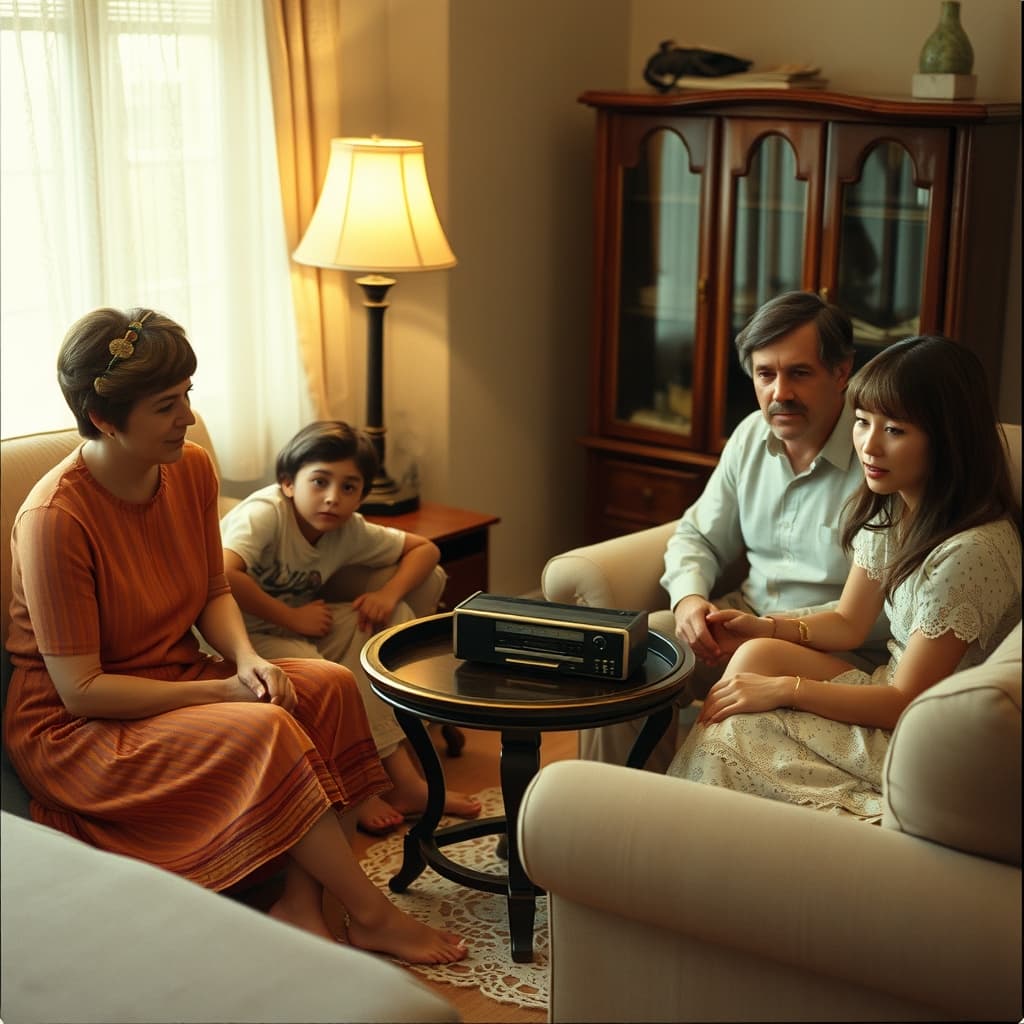 Family gathered around a cassette tape recorder in an old living room