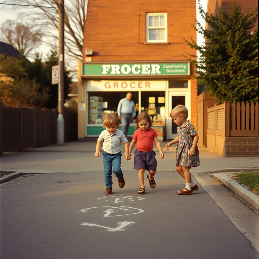 Children playing hopscotch outside a small neighborhood grocery shop.