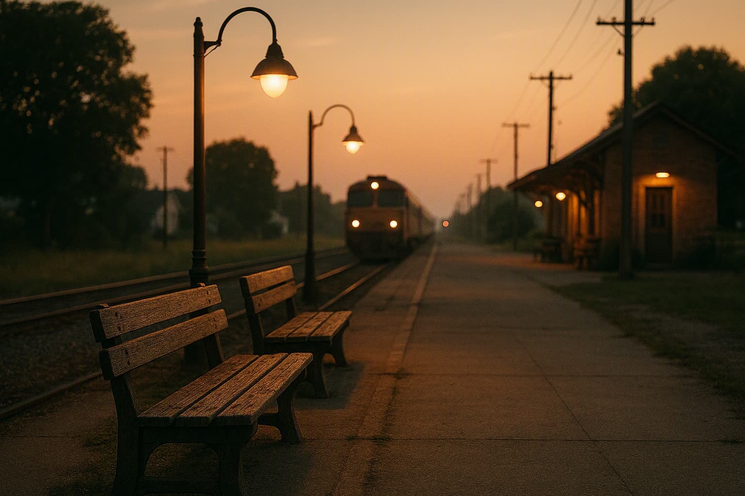 Small-town railway station benches under street lamps on a summer evening