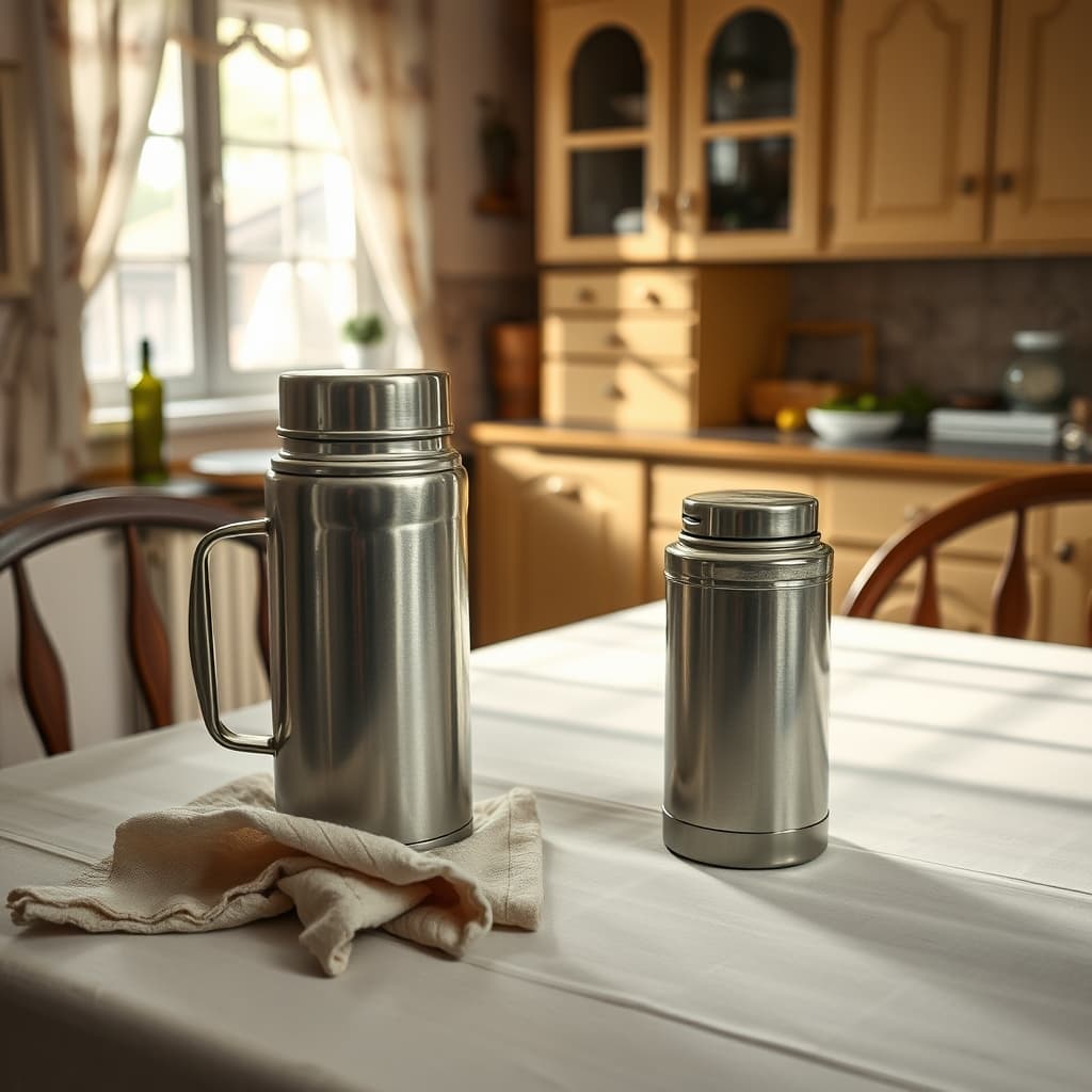 Vintage food thermos shining on a grandmother's kitchen table after holiday cleaning