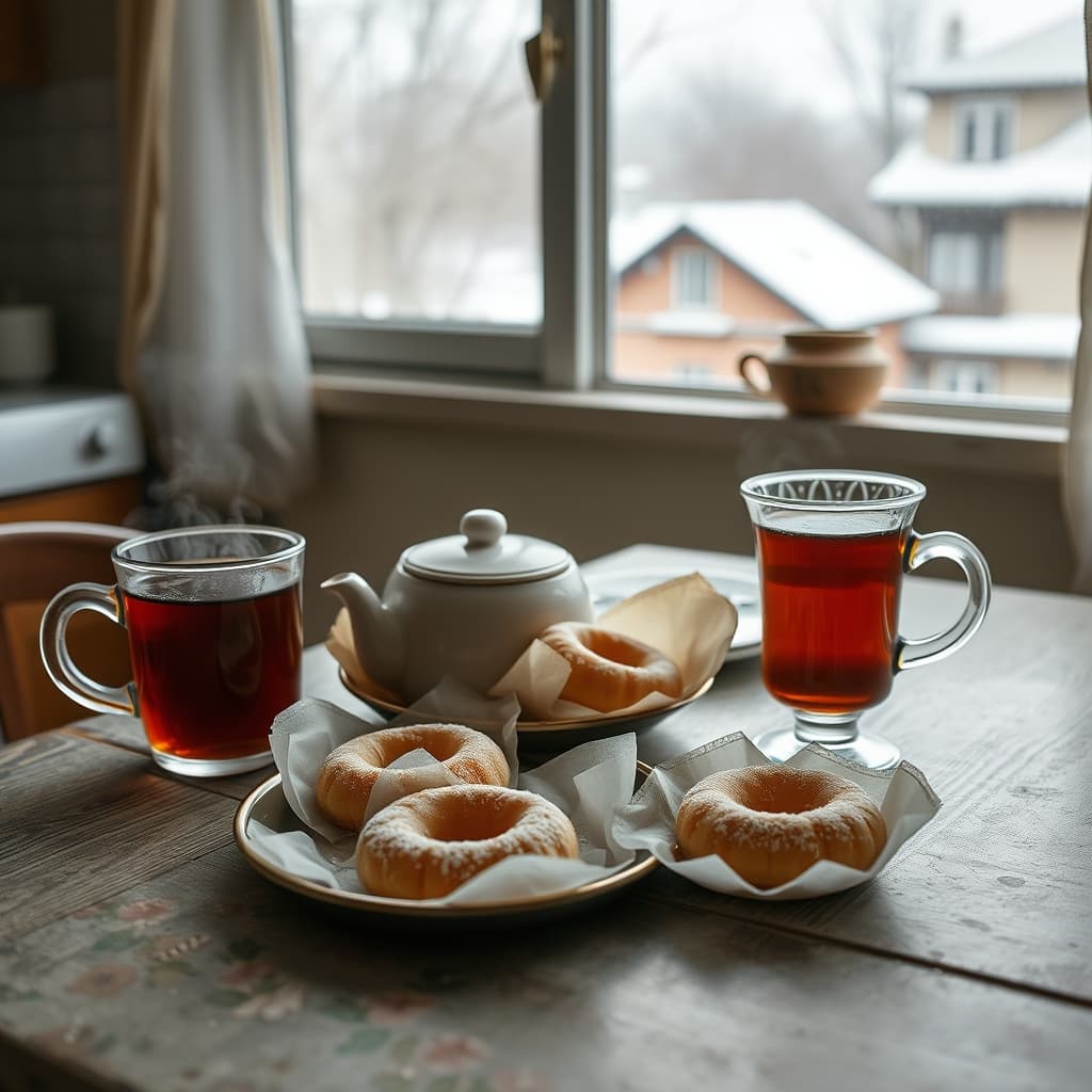Street-style halka tatli served on an old home kitchen table with tea