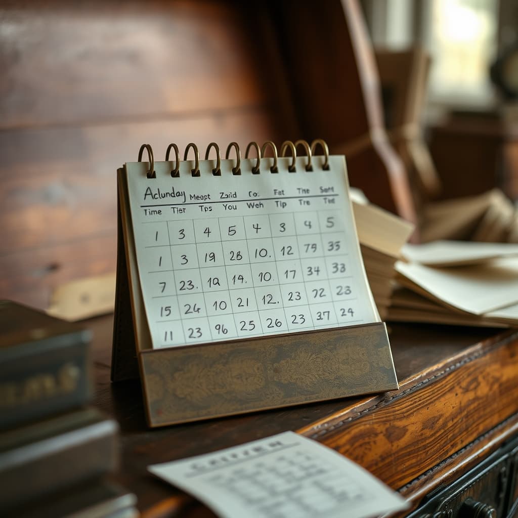 An old desktop calendar holder beside an open wooden chest