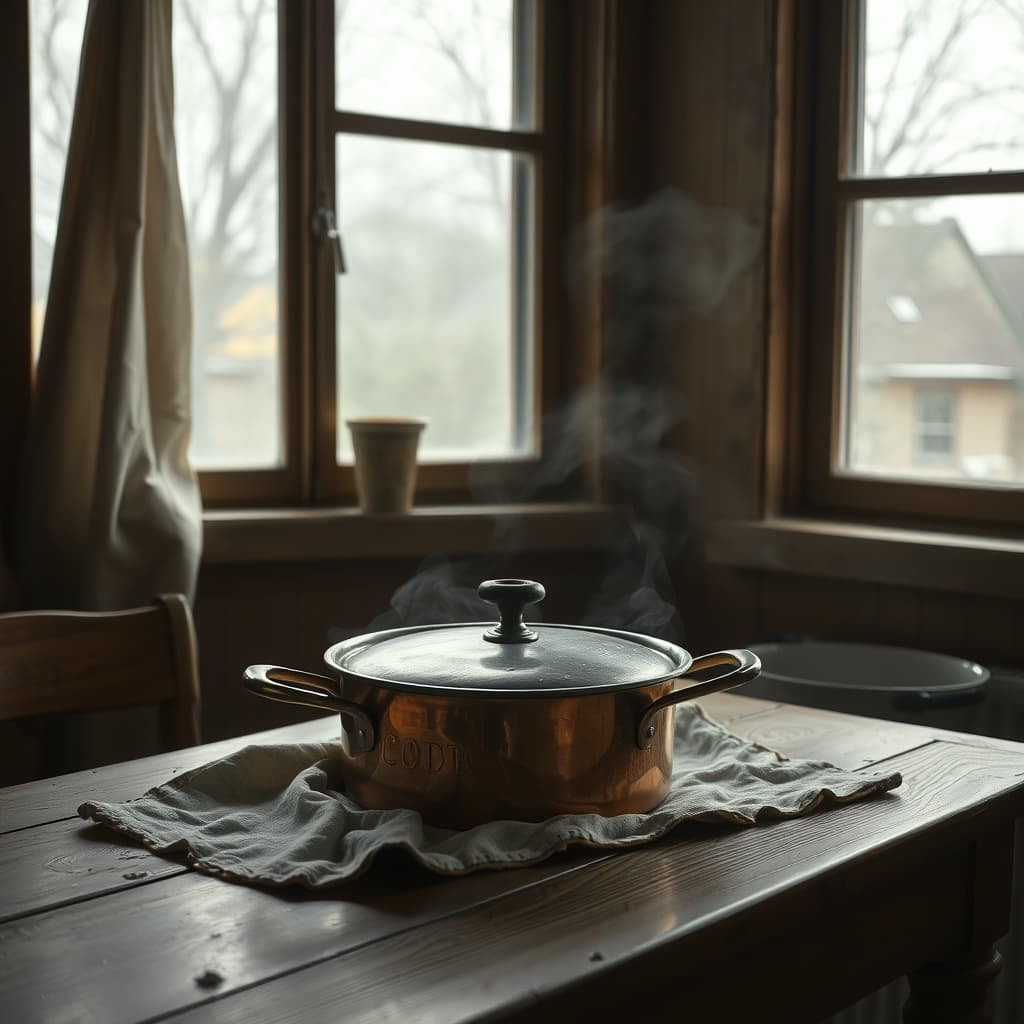 Old copper pan carrying household memory on a nostalgic kitchen table