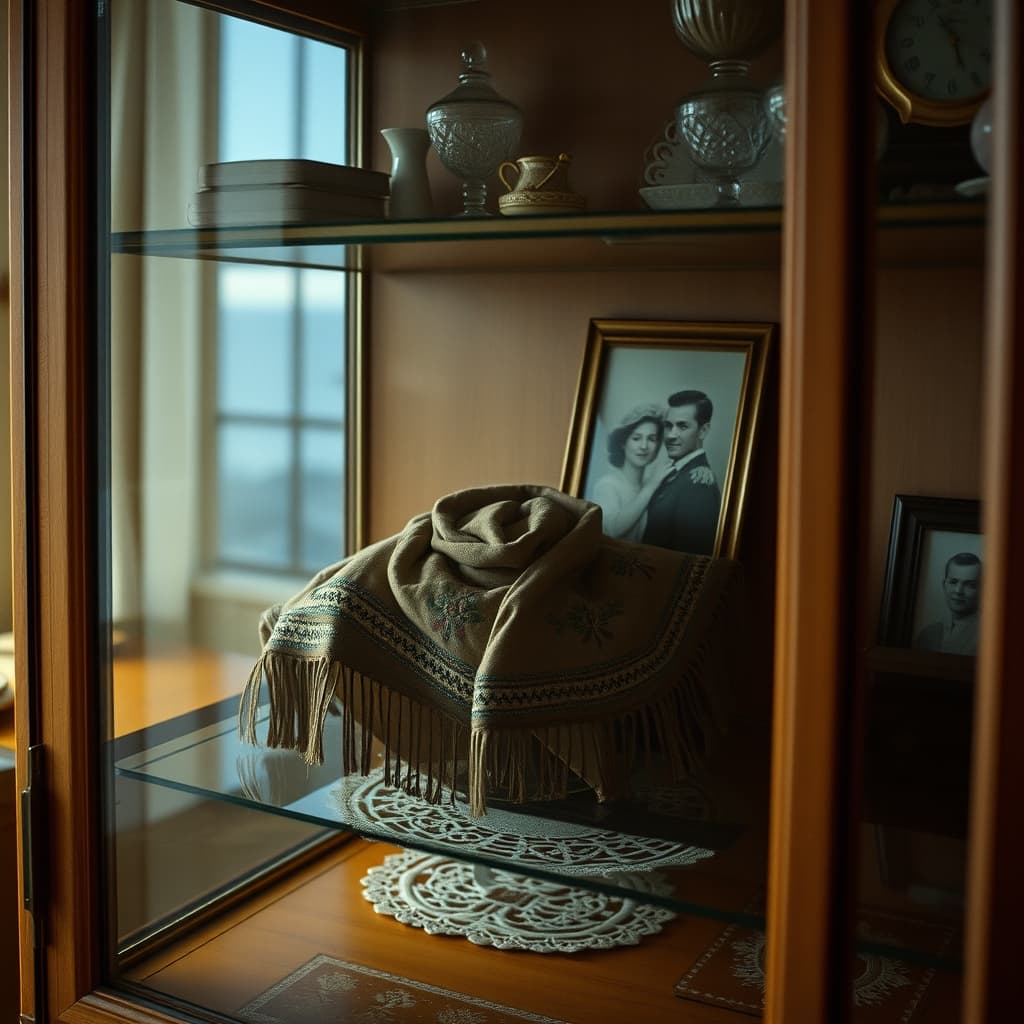 An embroidered headscarf bundle displayed in a nostalgic living room cabinet