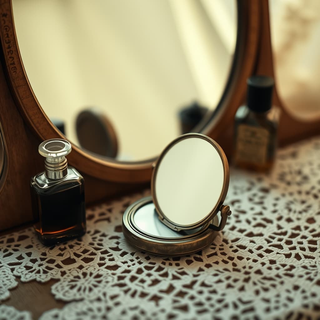 A small pocket mirror on a nostalgic dressing table after holiday cleaning
