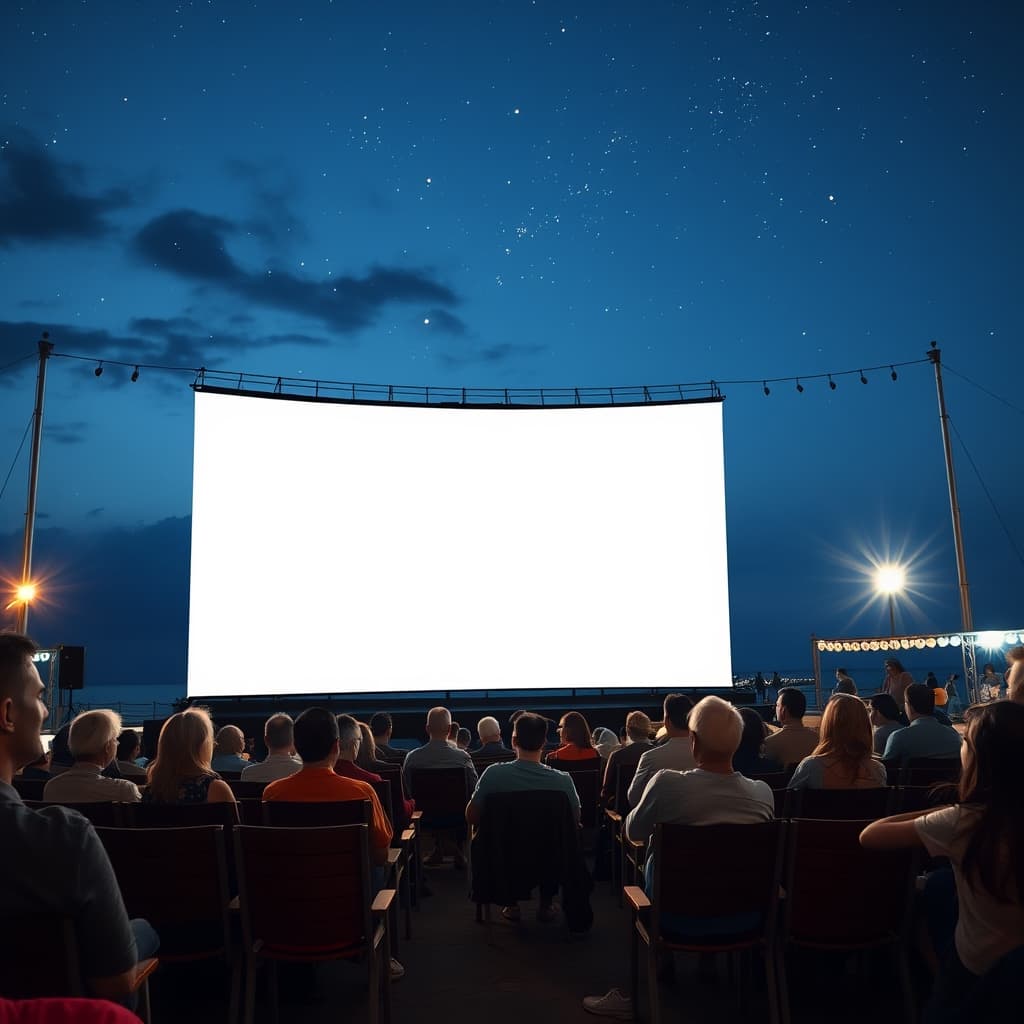 Old city summer cinema with a screen under the evening sky