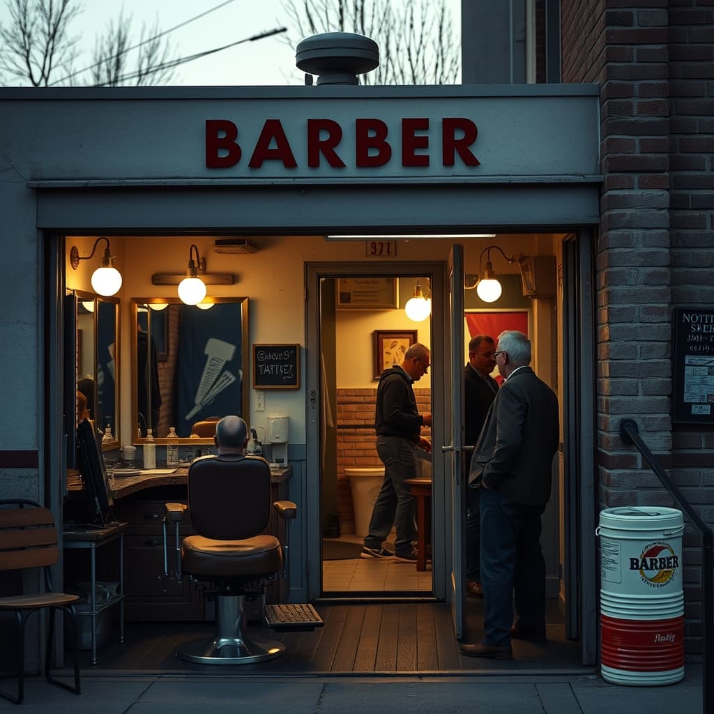 An old neighborhood barbershop with people talking near the doorway