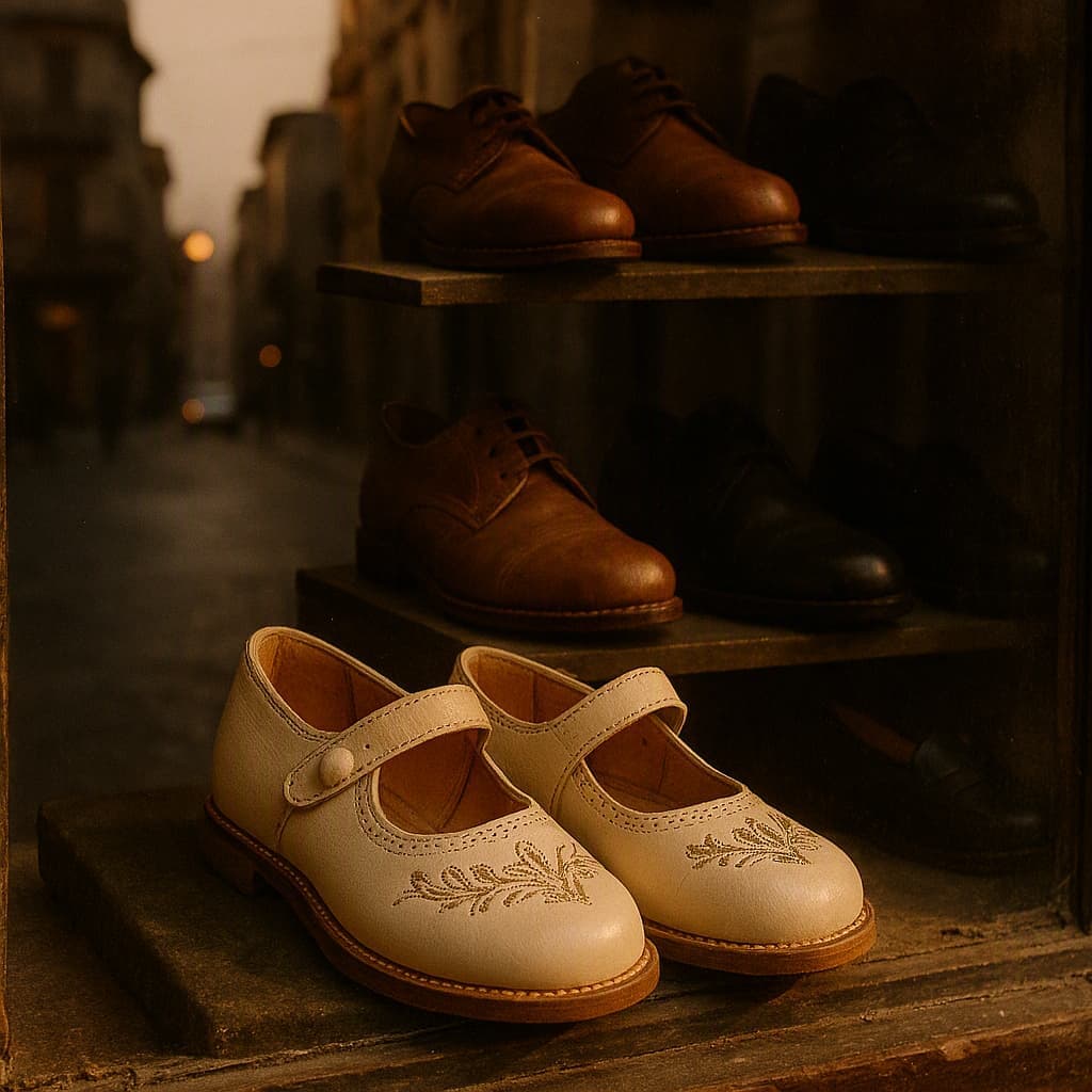 New children's Eid shoes displayed in an old city shoe shop window