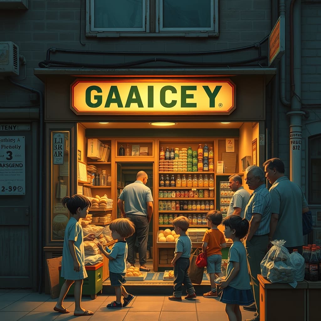 Old neighborhood corner grocer during a warm summer evening