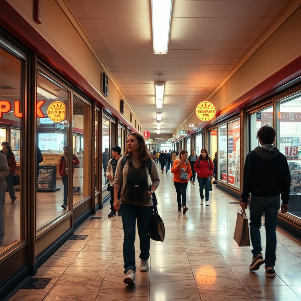 Teenagers lingering in a nostalgic old shopping arcade after school