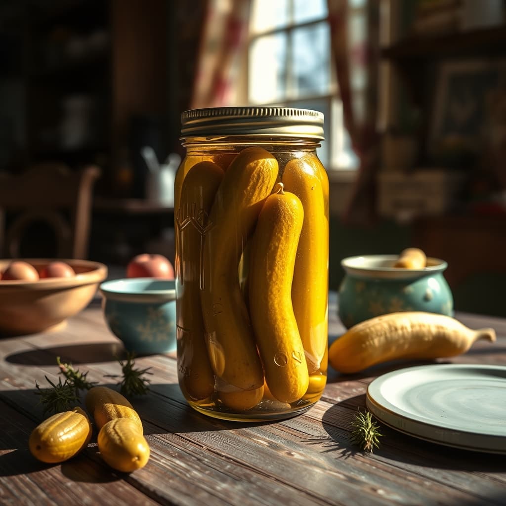 A jar of winter pickles on a nostalgic family kitchen table