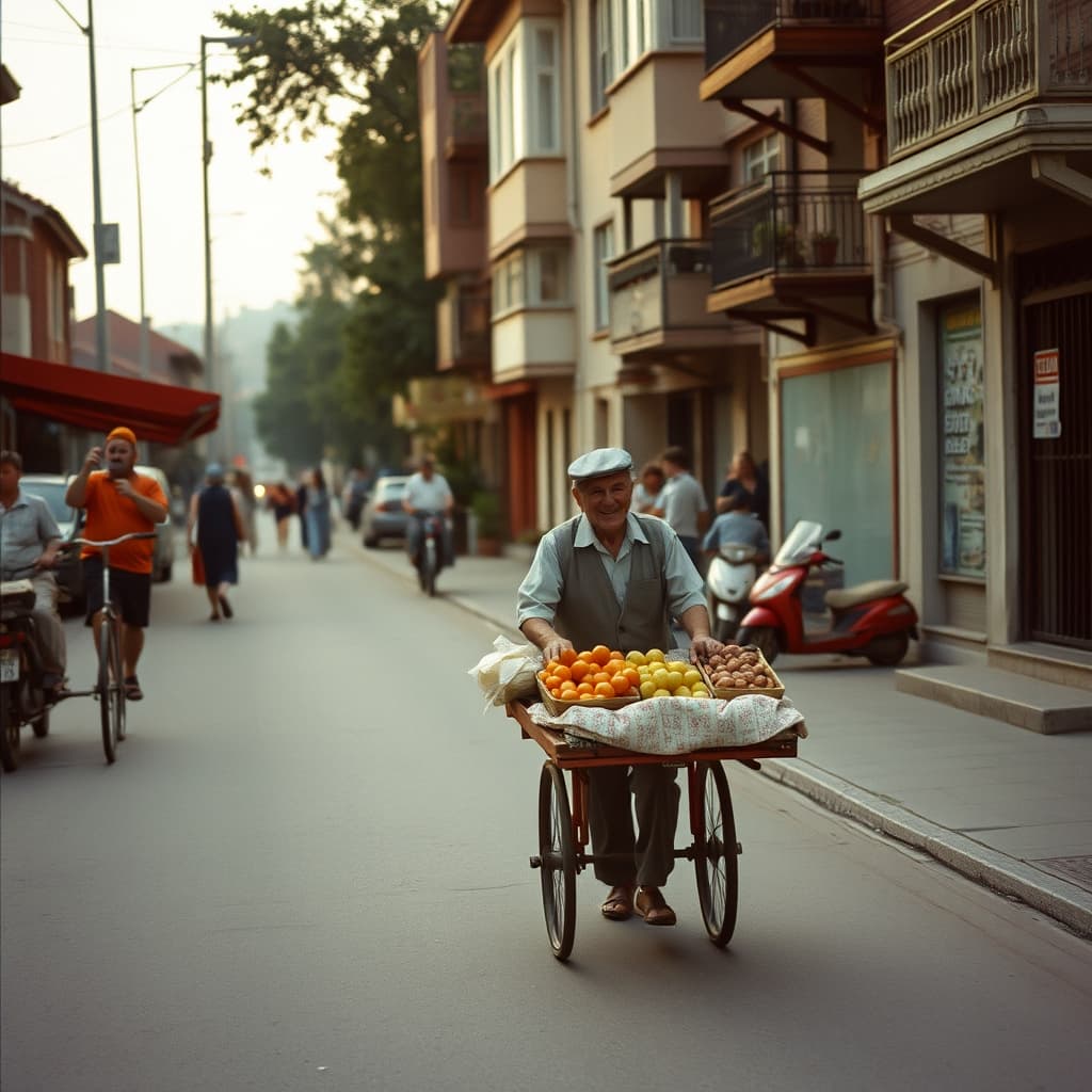 A street vendor calls through a summer neighbourhood while residents approach a tidy cart with covered goods