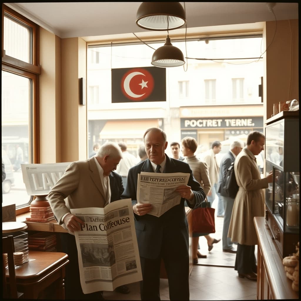 News from a newspaper and radio is discussed inside a 1960s coffeehouse before moving into the surrounding neighbourhood