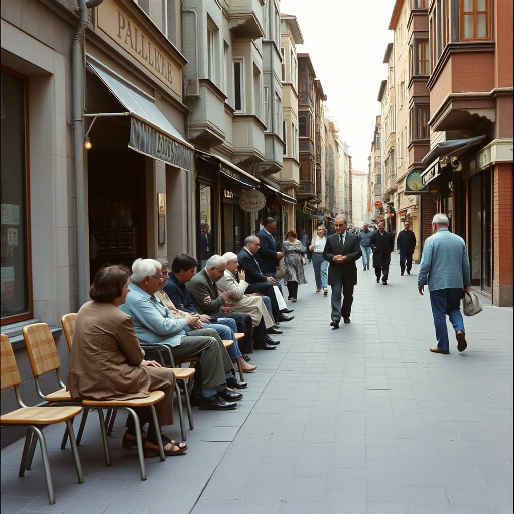 Neighbours talk from pavement chairs while keeping a wide accessible public route clear on a 1970s Turkish street