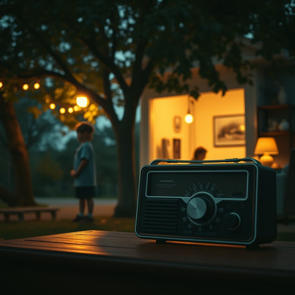 Pocket Radio: It Tells the Unforgettable Excitement of the Analog Age Within the Quiet Thrill of Families Gathered in the Living Room by Taking Shelter in the Shade of a Plane Tree Amid the Rush to School