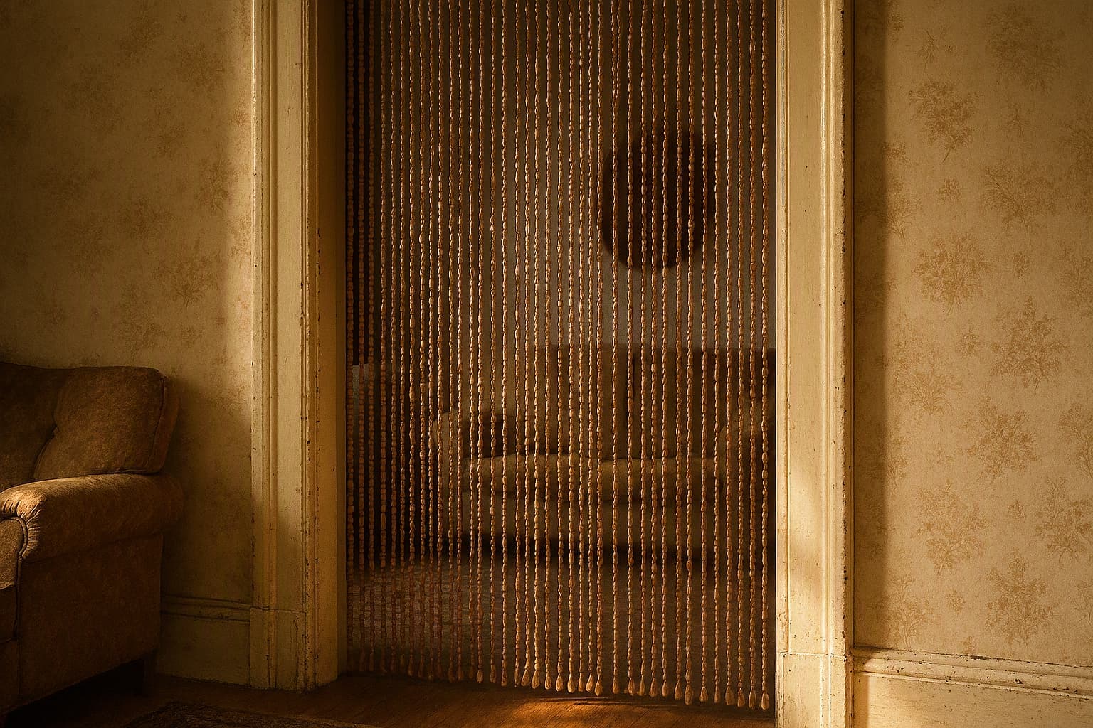 a beaded curtain in an old salon doorway, afternoon light, family heirloom mood