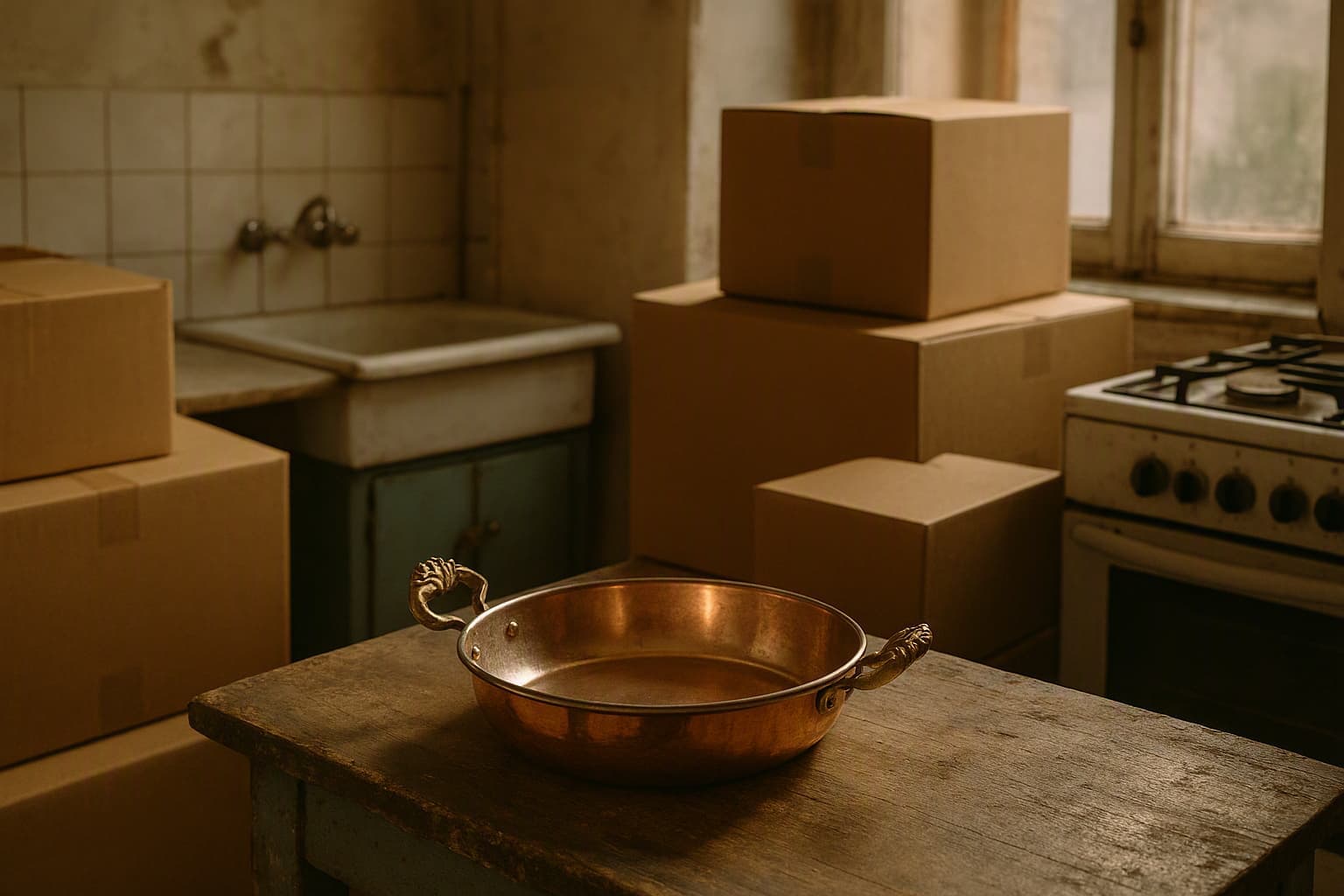 A polished copper sahan beside moving boxes in a nostalgic kitchen