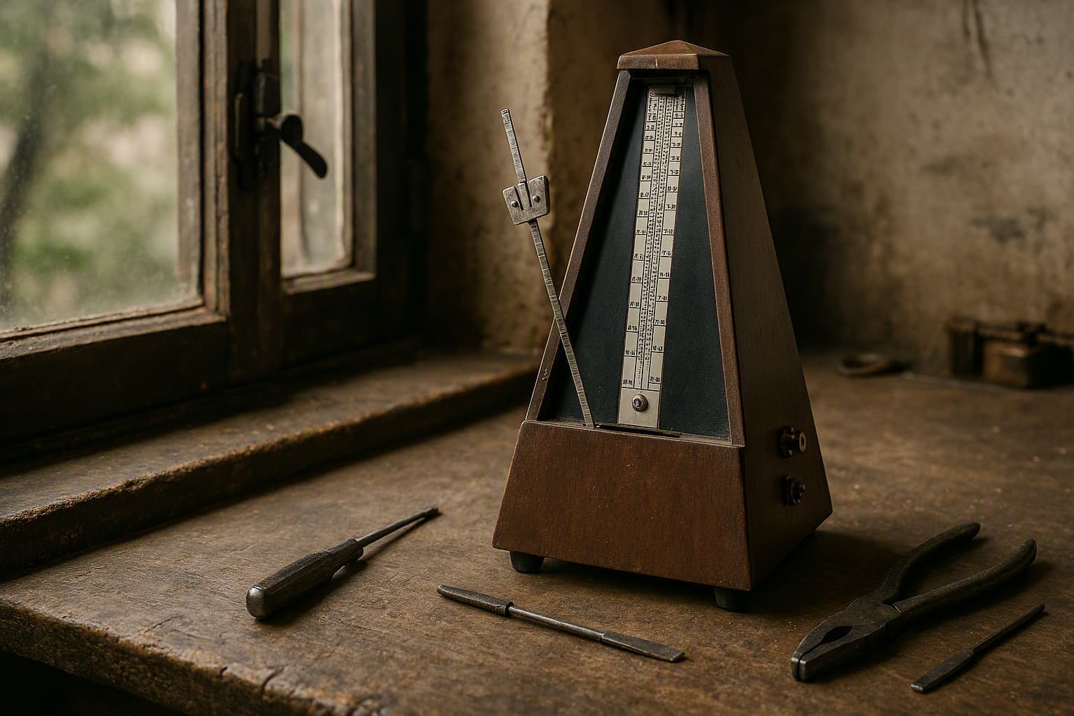 A mechanical metronome on a nostalgic repair shop counter near an open window