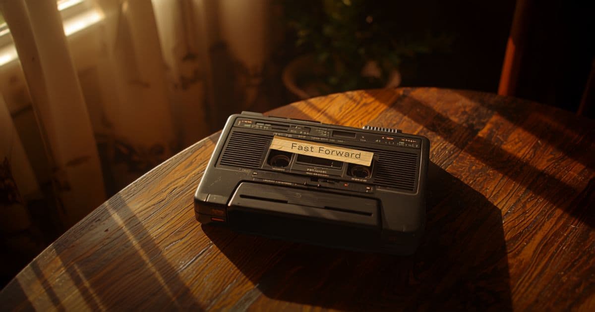 cassette recorder with a labelled tape and waiting buttons