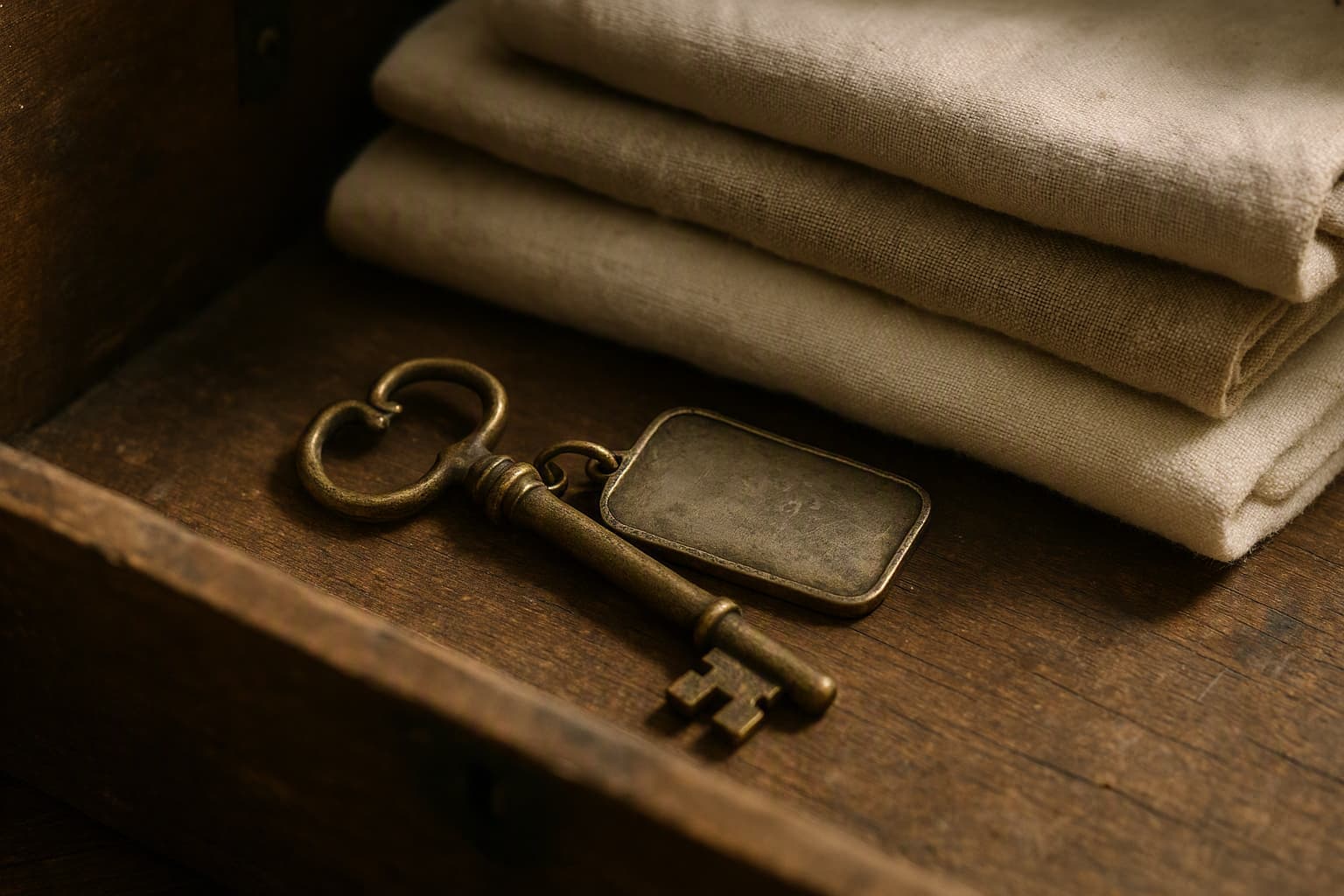 an old keychain found at the bottom of a wooden chest, folded cloths, soft light