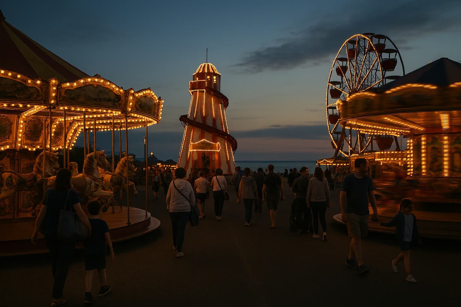 An old fairground glowing with warm lights on a nostalgic summer evening