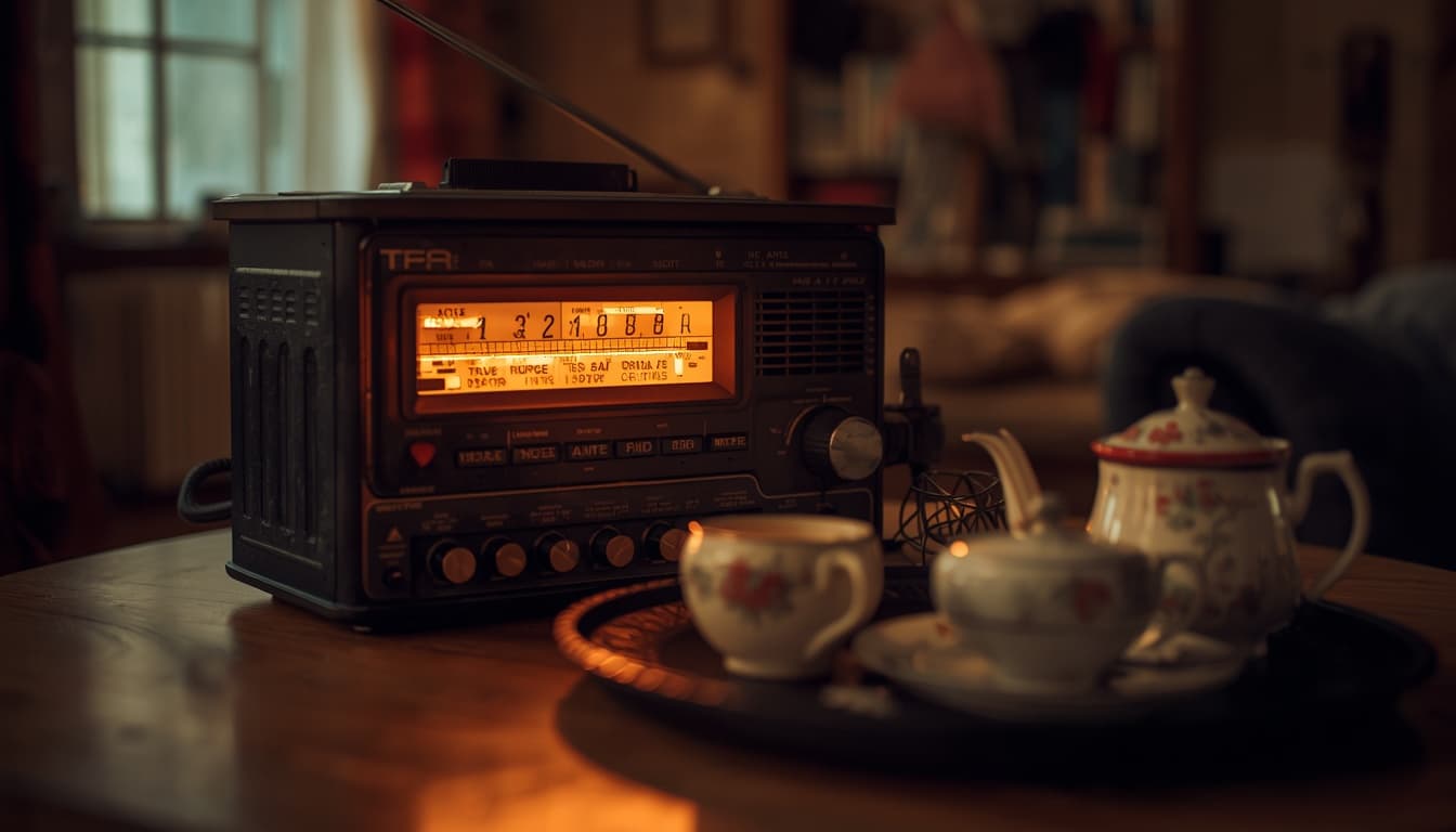 amateur radio set glowing beside a family tea tray