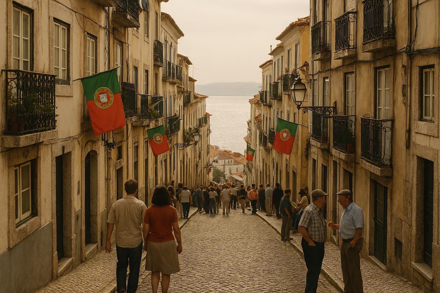 Lisbon streets with Portuguese flags and Tagus River light on Portugal Day