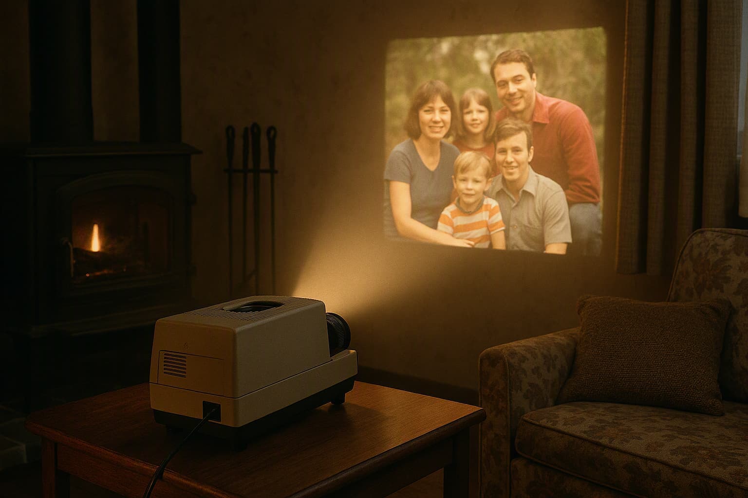 A vintage slide projector glowing in a nostalgic family living room