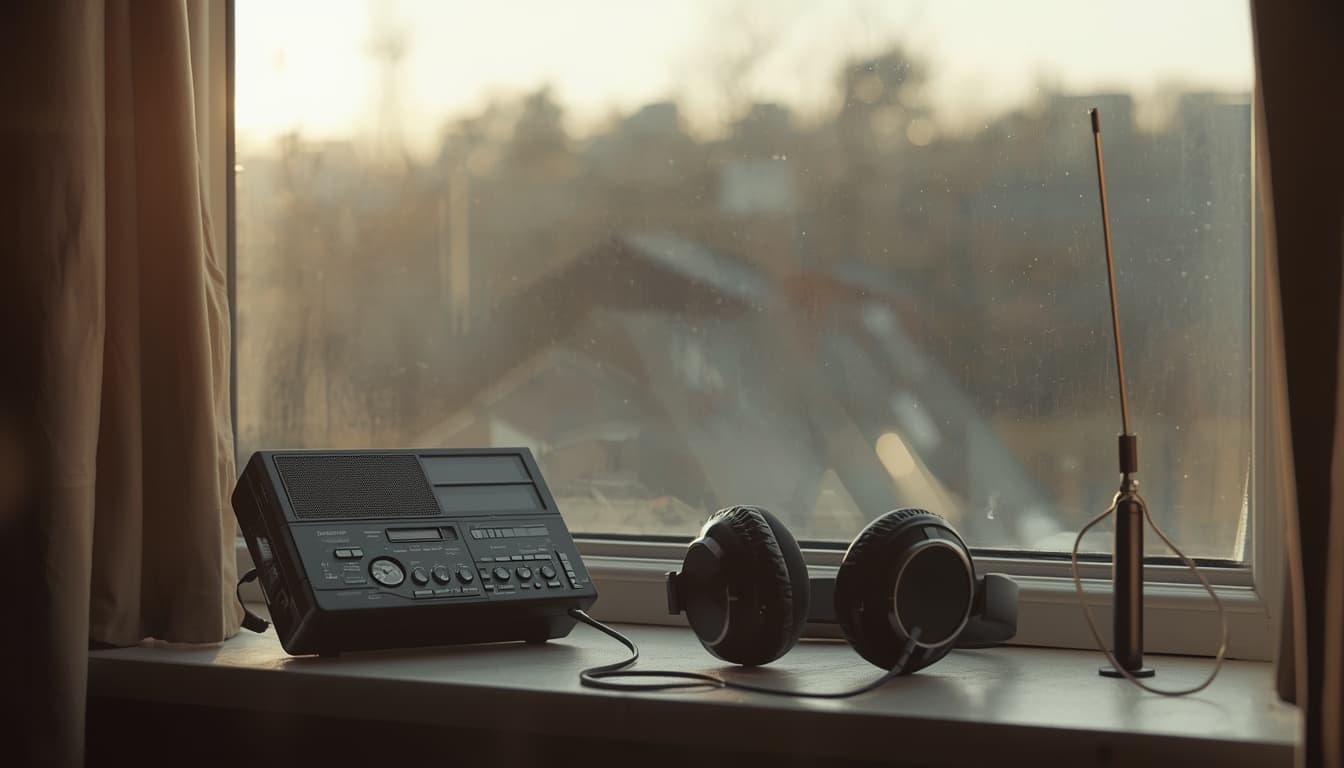 vintage walkman, headphones, and a small antenna by a window