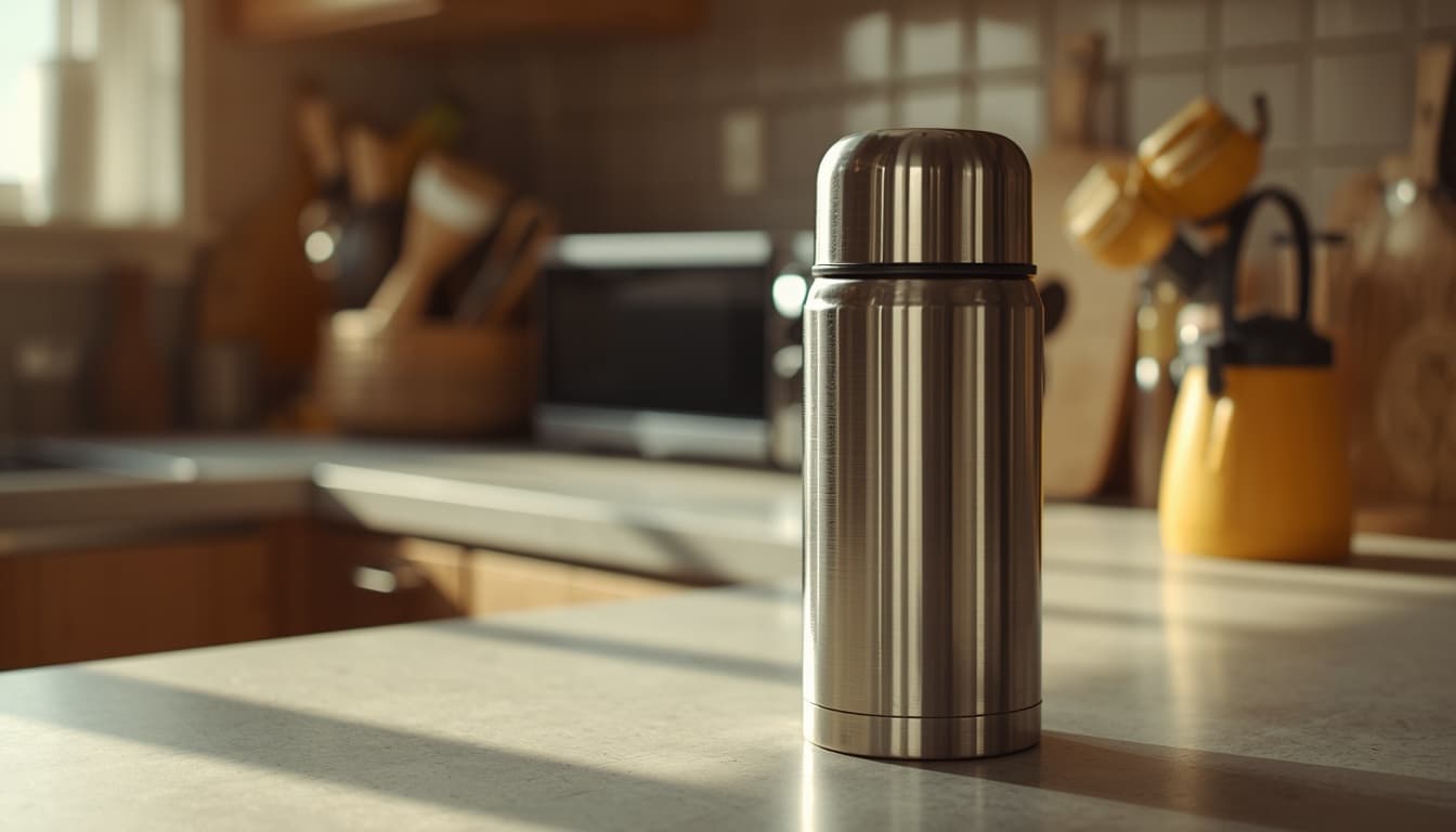 polished metal food thermos on a clean kitchen counter