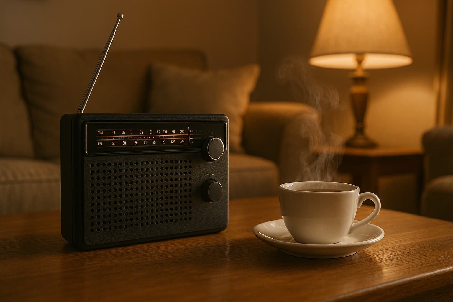 a small transistor radio on a family salon table, tea steam, warm lamp light